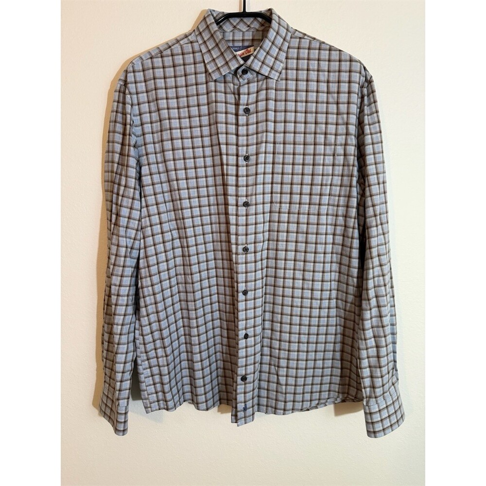 Johnnie-O Hangin' Out Shirt Men's L Blue Brown Plaid Long Sleeve Button-Up